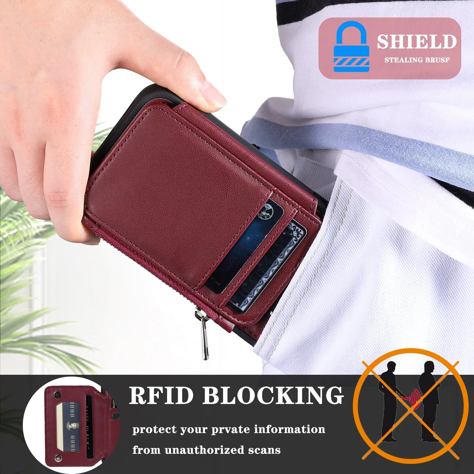 009 For Samsung Galaxy S23 RFID Blocking Zipper Phone Case PU Leather Coated TPU Wallet Kickstand Cover with Wrist Strap