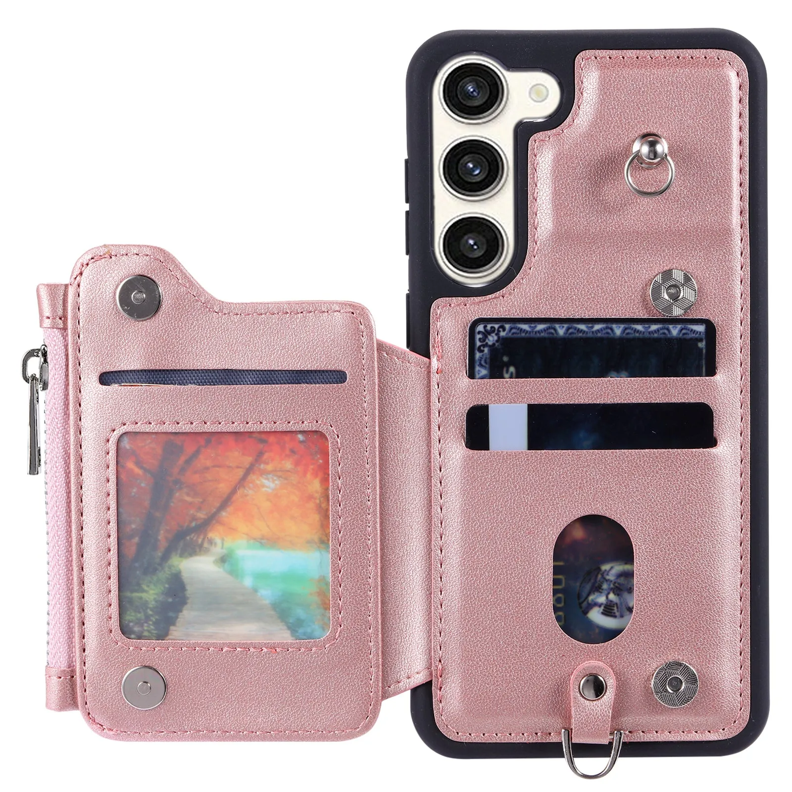 009 For Samsung Galaxy S23 RFID Blocking Zipper Phone Case PU Leather Coated TPU Wallet Kickstand Cover with Wrist Strap