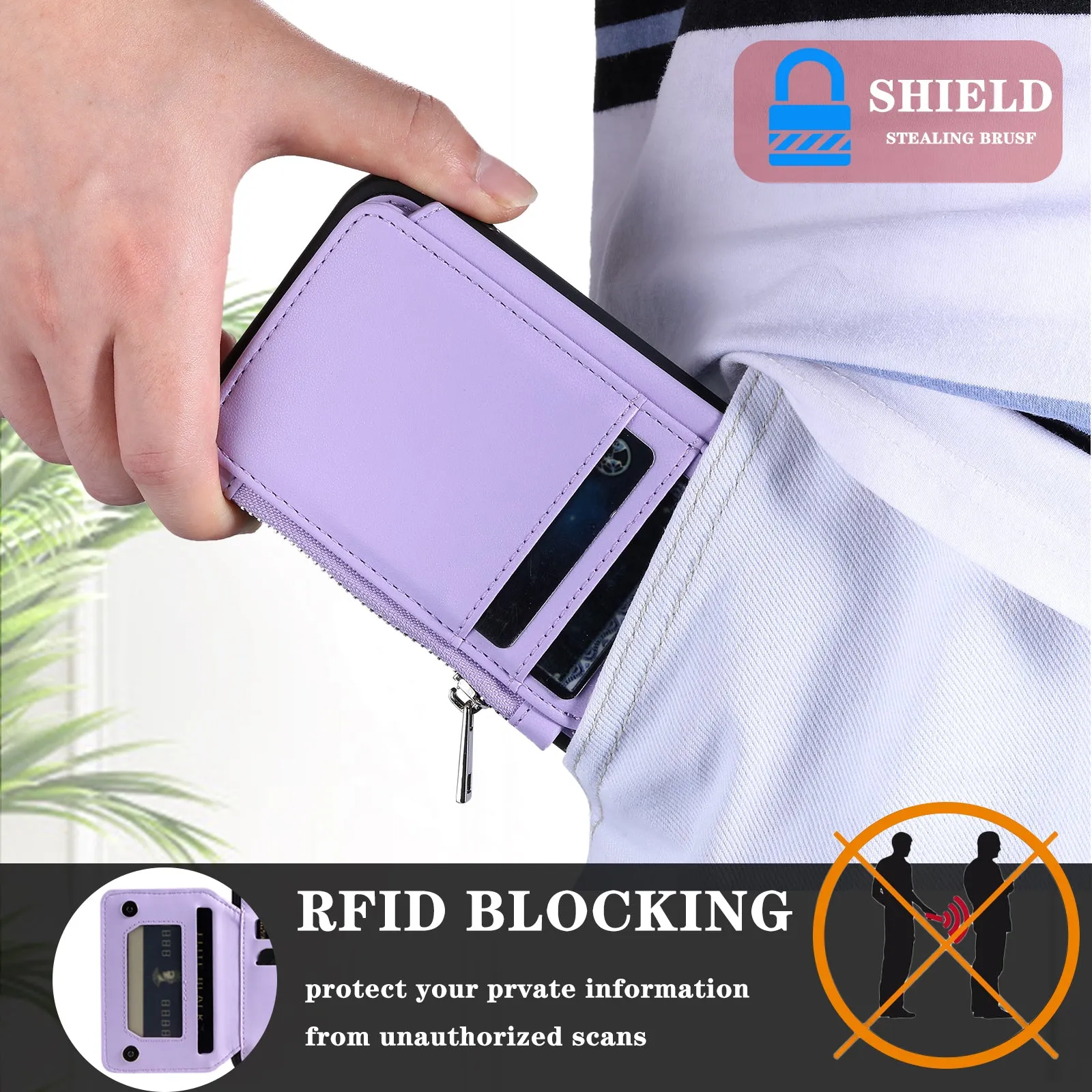 009 For Samsung Galaxy S23 RFID Blocking Zipper Phone Case PU Leather Coated TPU Wallet Kickstand Cover with Wrist Strap