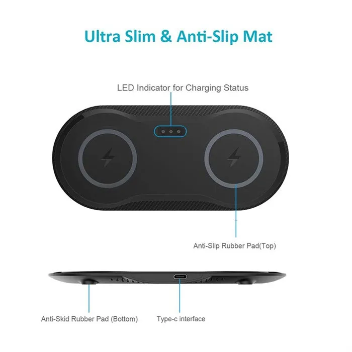 10W Fast Dual Wireless Charger Dock for Qi Enabled Devices