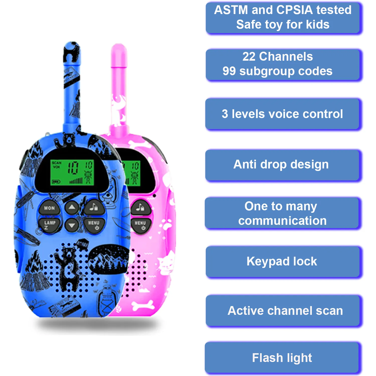 2PK Rechargeable Kids Walkie Talkie with 2PK Additional Cases