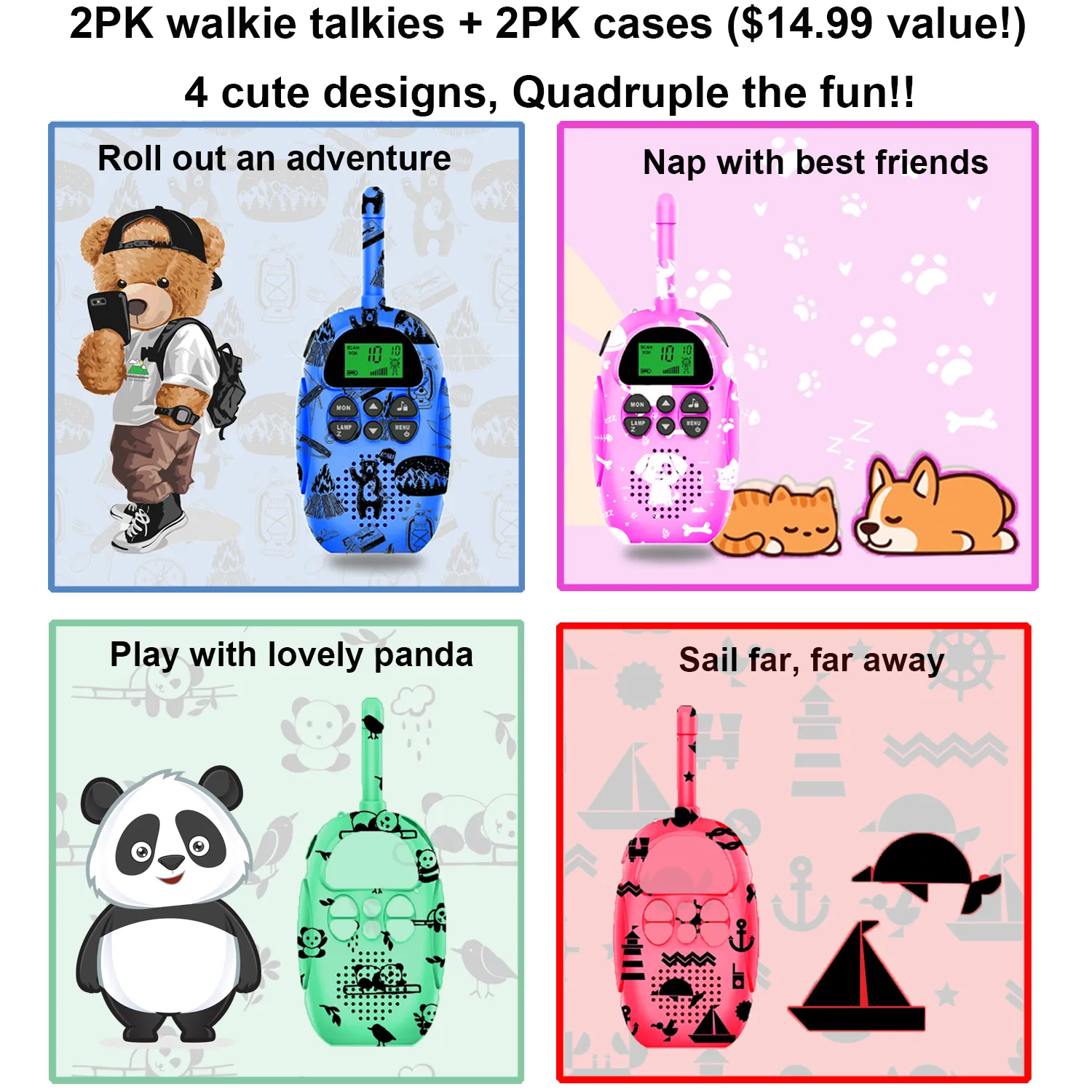 2PK Rechargeable Kids Walkie Talkie with 2PK Additional Cases