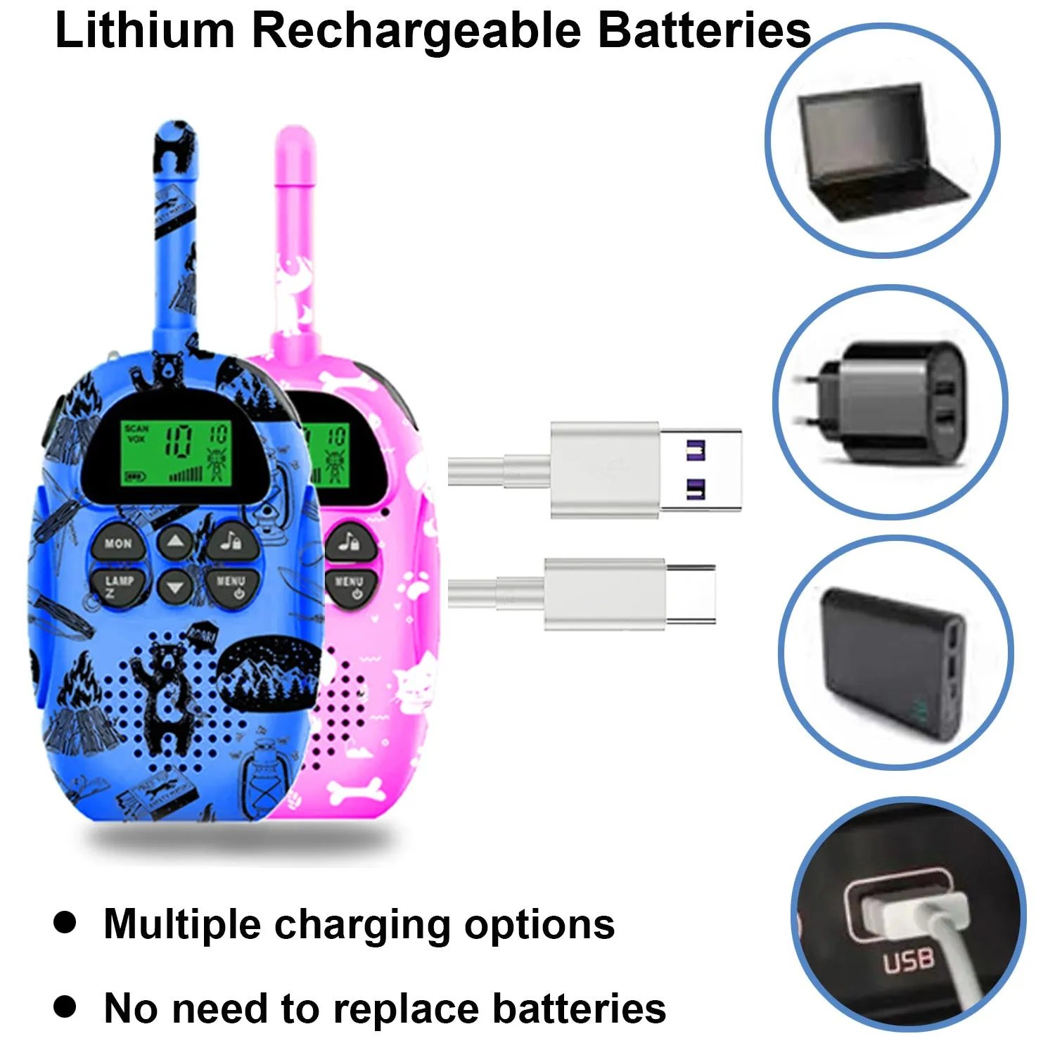 2PK Rechargeable Kids Walkie Talkie with 2PK Additional Cases