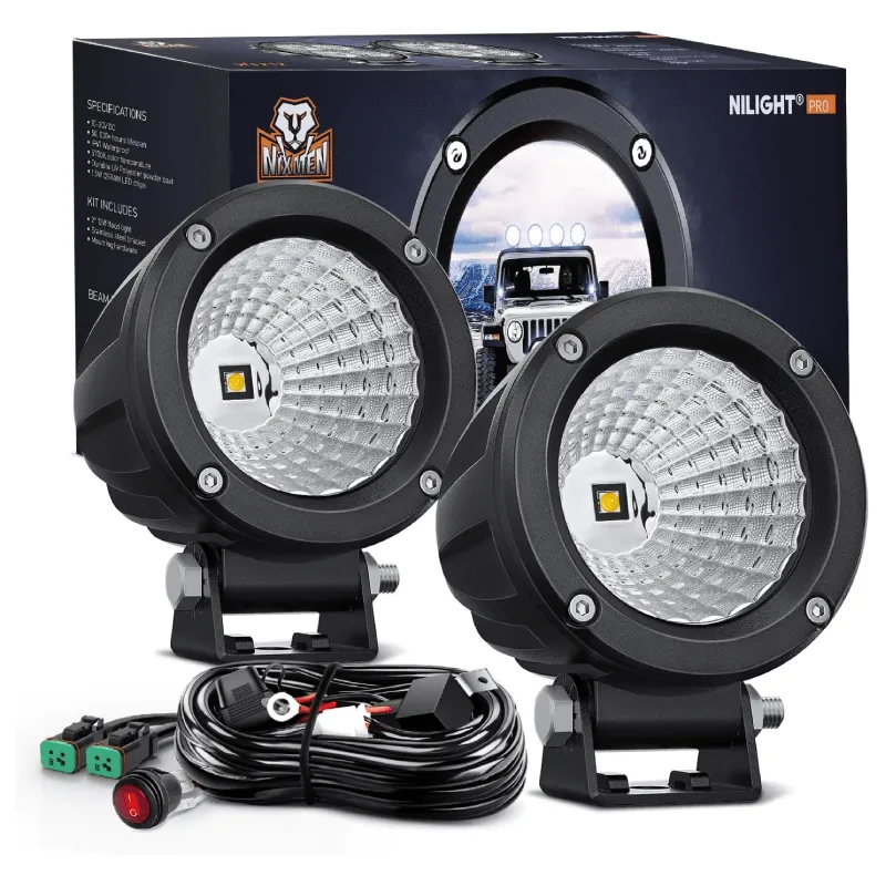 3 Inch 10W 1080LM Flood Round Built-in EMC LED Work Lights (Pair) | 18AWG DT Wire