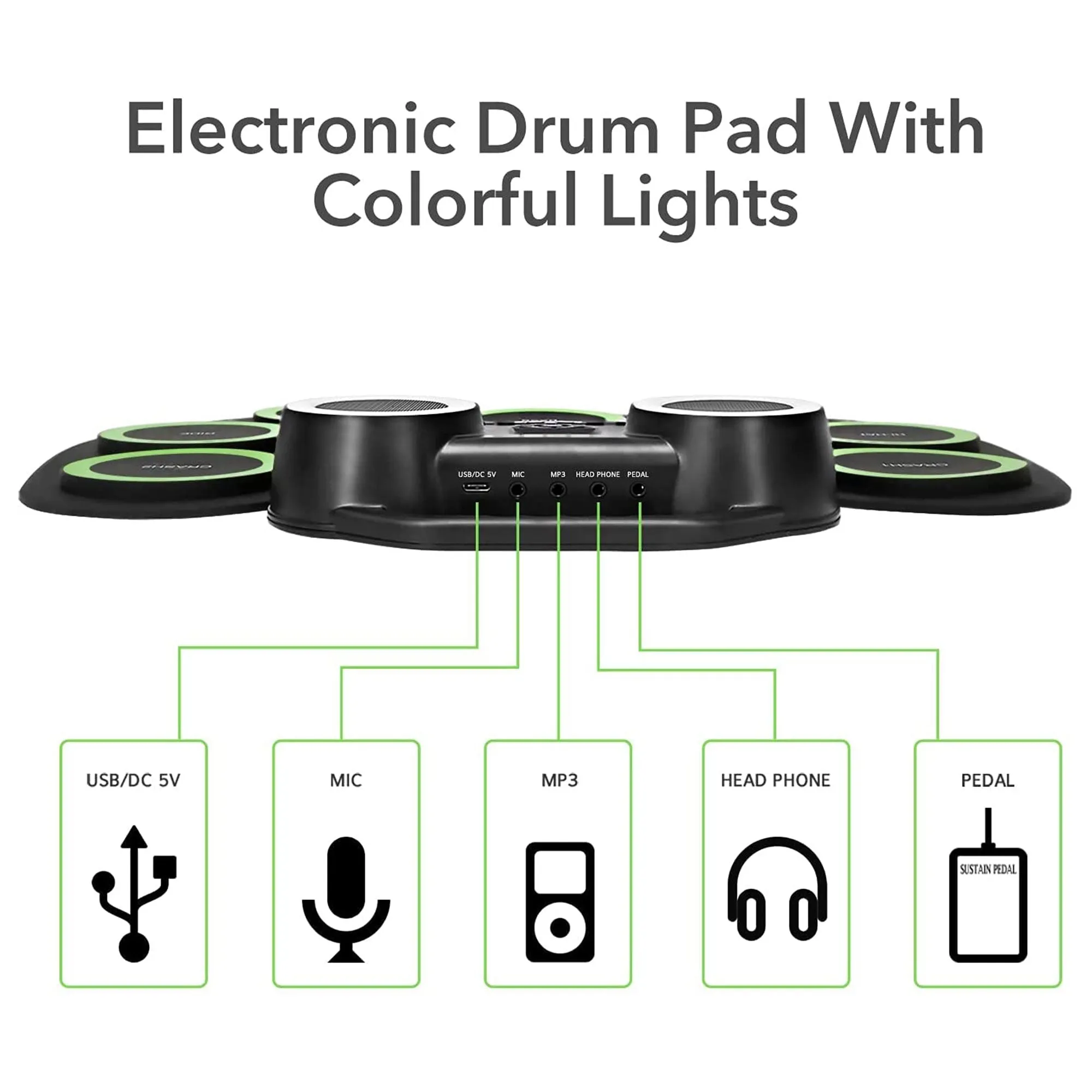9 Pad Roll Up Electronic Drum Set w/ Foot Pedals, Speaker, and Lights (Open Box)