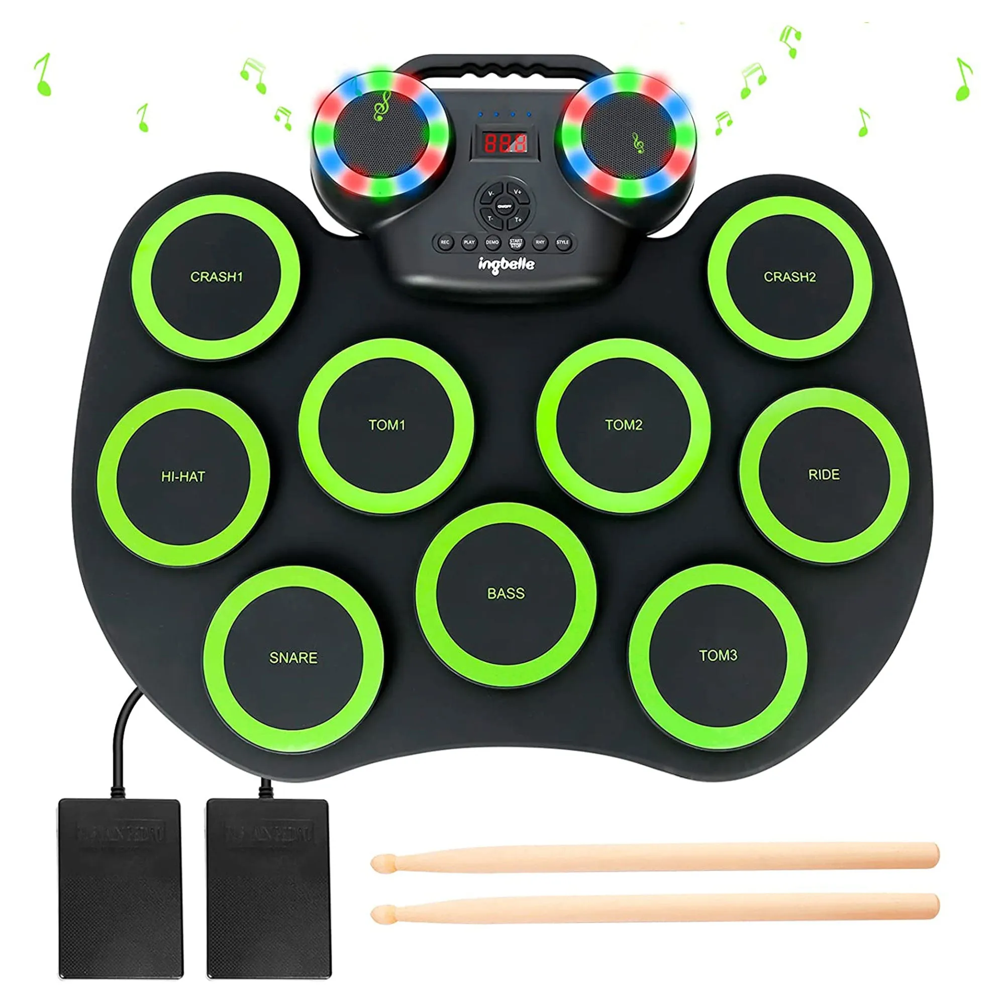 9 Pad Roll Up Electronic Drum Set w/ Foot Pedals, Speaker, and Lights (Open Box)