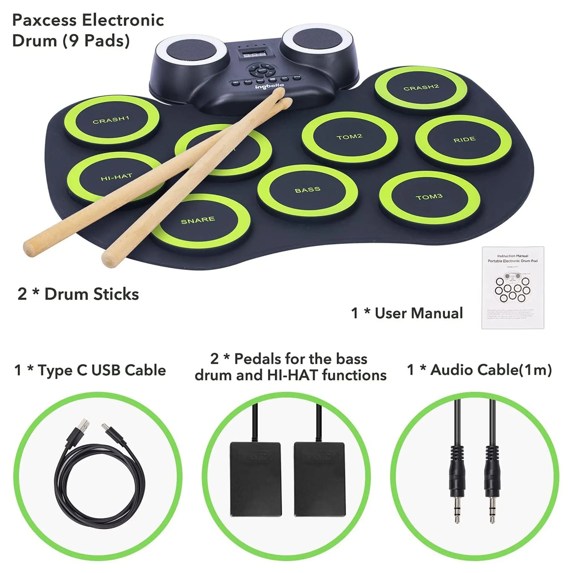 9 Pad Roll Up Electronic Drum Set w/ Foot Pedals, Speaker, and Lights (Open Box)