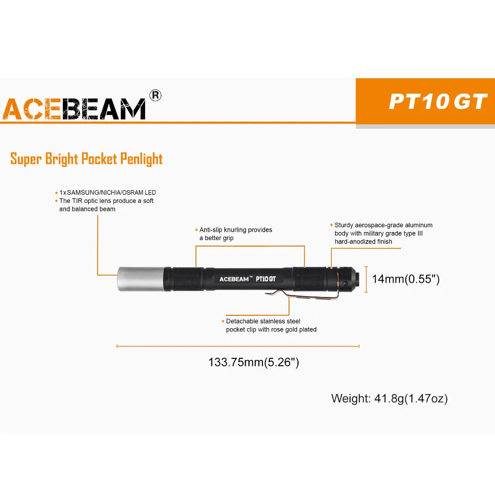 Acebeam PT10-GT Pen Light Flashlight 400 Lumen Samsung LED Rechargeable Light