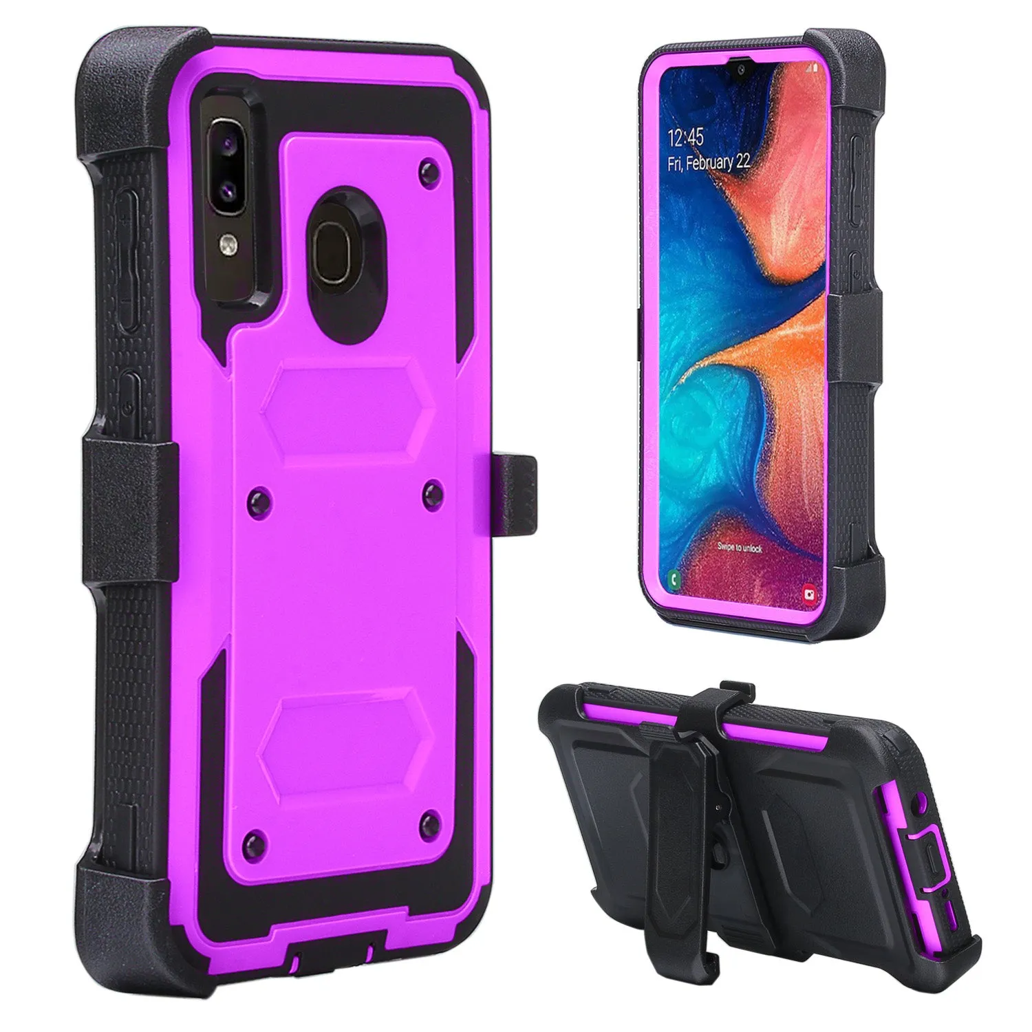 Alcatel 3V (2019) Case, Triple Protection 3-1 w/ Built in Screen Protector Heavy Duty Holster Shell Combo Clip Cover - Purple