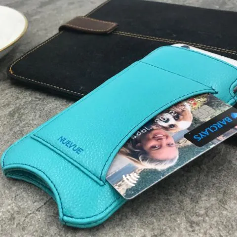 Apple iPhone 15 Pro Max Wallet Case in Teal Blue Vegan Leather | Screen Cleaning Sanitizing Lining | Smart Window