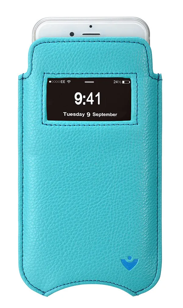 Apple iPhone 15 Pro Max Wallet Case in Teal Blue Vegan Leather | Screen Cleaning Sanitizing Lining | Smart Window