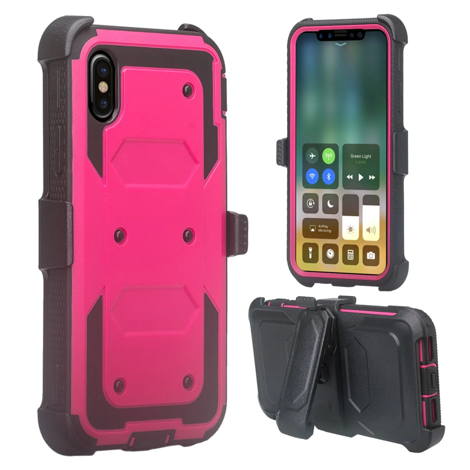 Apple iPhone X | iPhone Ten Case,  Triple Protection 3-1 w/ Built in Screen Protector Heavy Duty Holster Shell Combo Case - Hot Pink