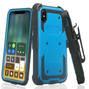 Apple iPhone XR Case, Apple A1984 Case,  Triple Protection 3-1 w/ Built in Screen Protector Heavy Duty Holster Shell Combo Case - Blue