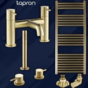 Brushed Brass Bathroom Combo: Bath Filler Tap, Shower Handle, Panel Valves, Heated Towel Rail, and Radiator Valves