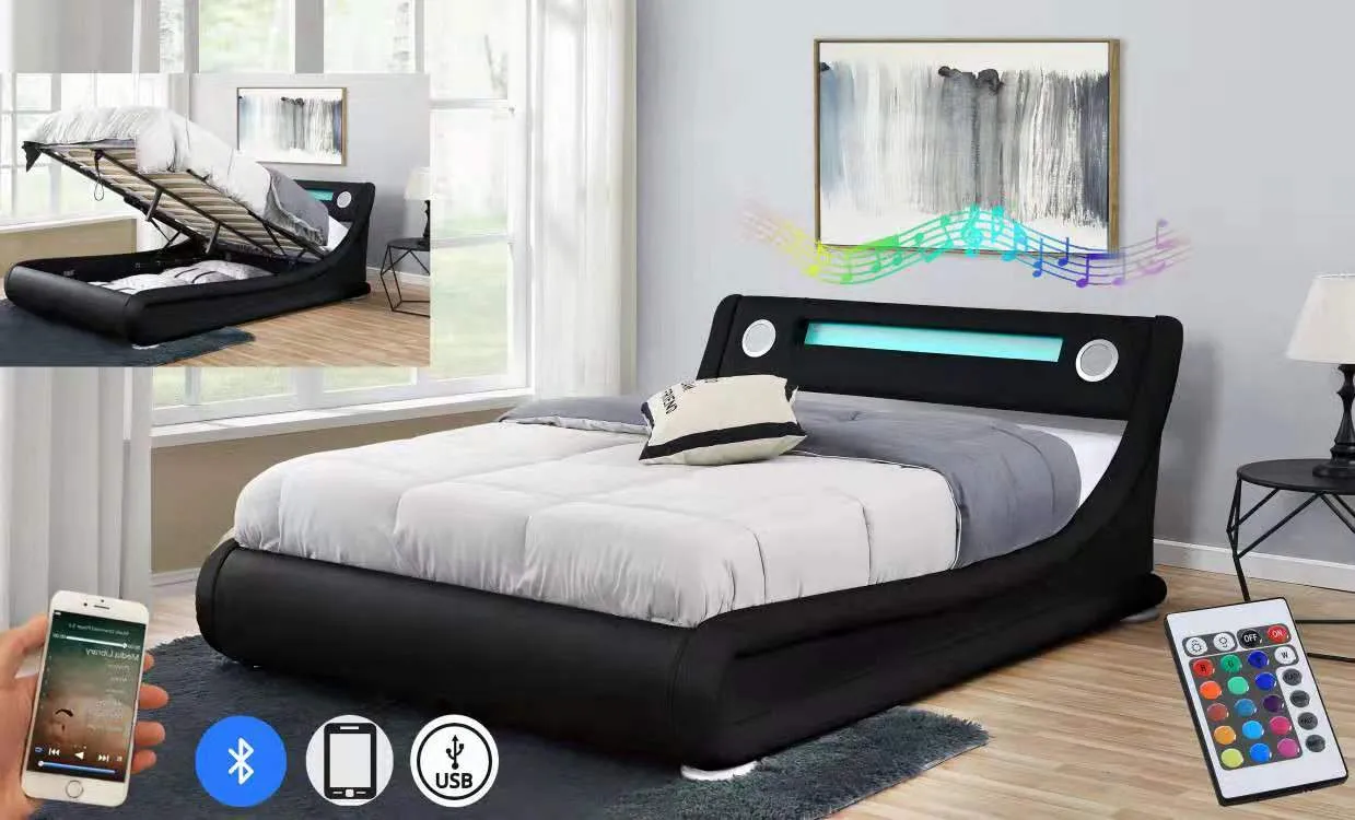 Galaxy Black PU LED Bed Speaker Gas Lift, Double