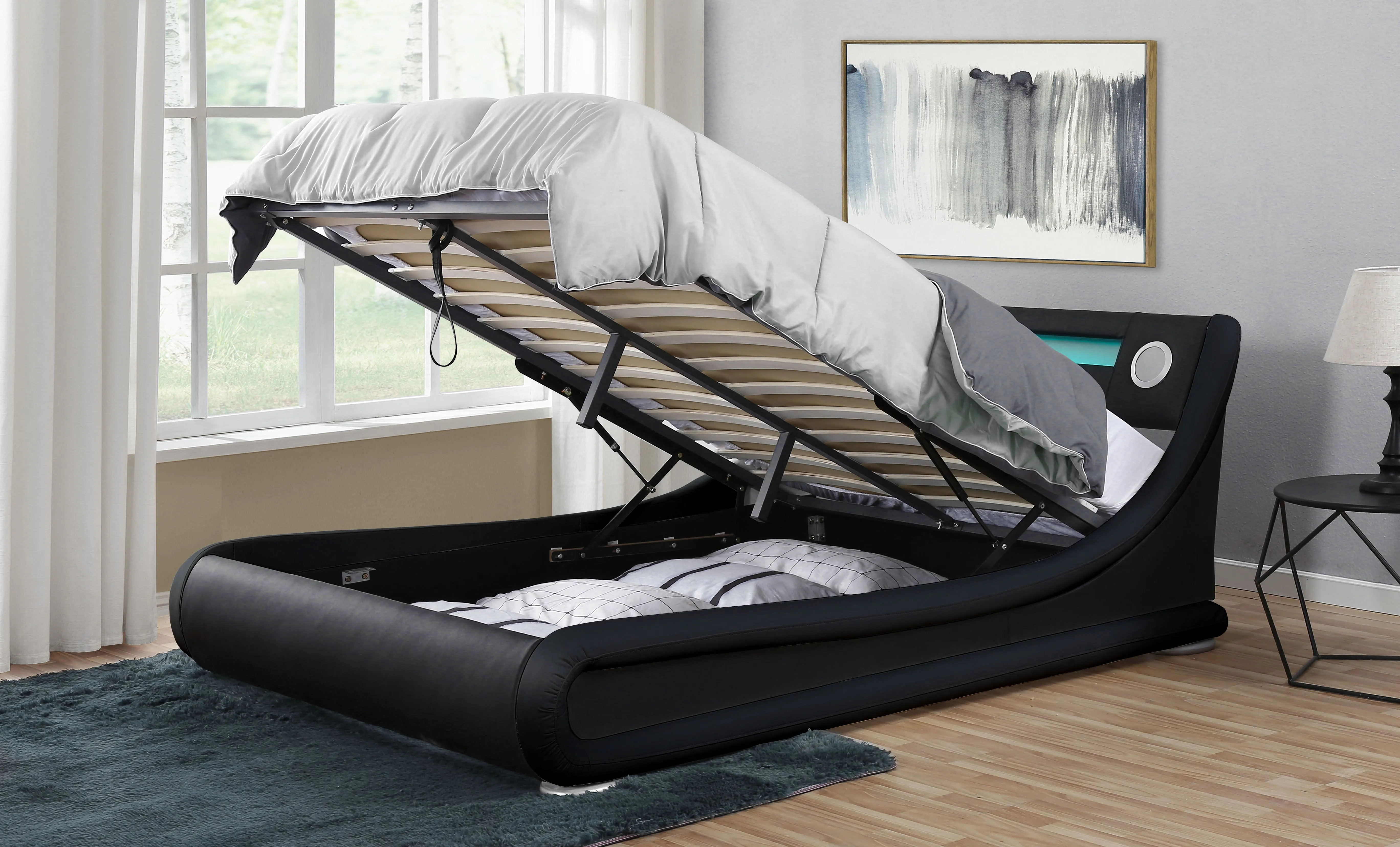 Galaxy Black PU LED Bed Speaker Gas Lift, Double
