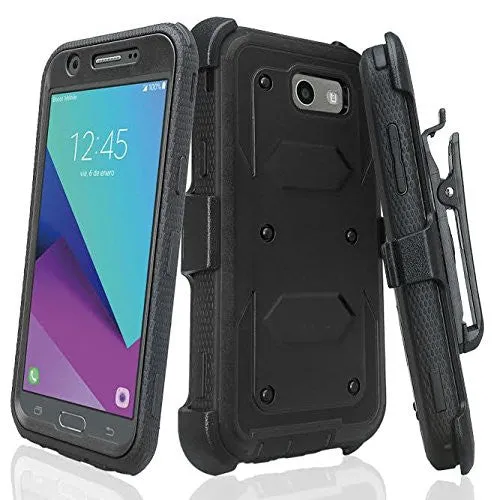 Galaxy J3 Emerge Case, Shockproof Armor   [Temper Glass Screen Protector] Heavy Duty Holster Shell Combo Case for Samsung Galaxy J3 Emerge - Black