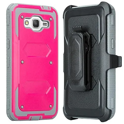 Galaxy On5 Case, 3-in-1 Shockproof Armor [Built in Screen Protector] Heavy Duty Holster Shell Combo Case for Samsung Galaxy On5 - Pink/Grey