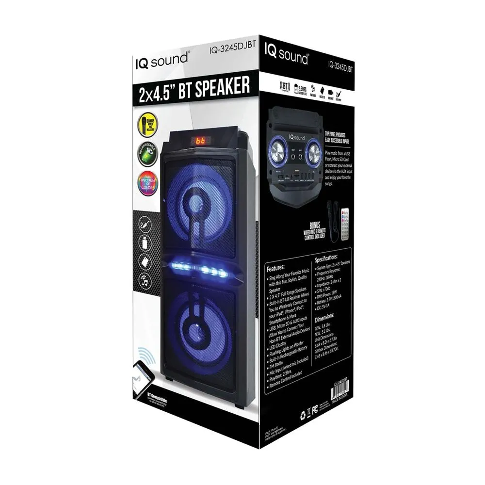 IQ SOUND IQ-3245DJBT 2 x 4.5” Tailgate Bluetooth® Speaker with Flashing Light