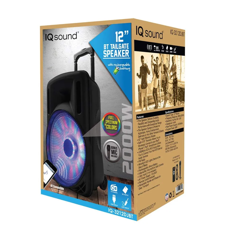 IQ Sound IQ3212DJBTBLK  500 Watt Bluetooth DJ Speaker With LED Lights
