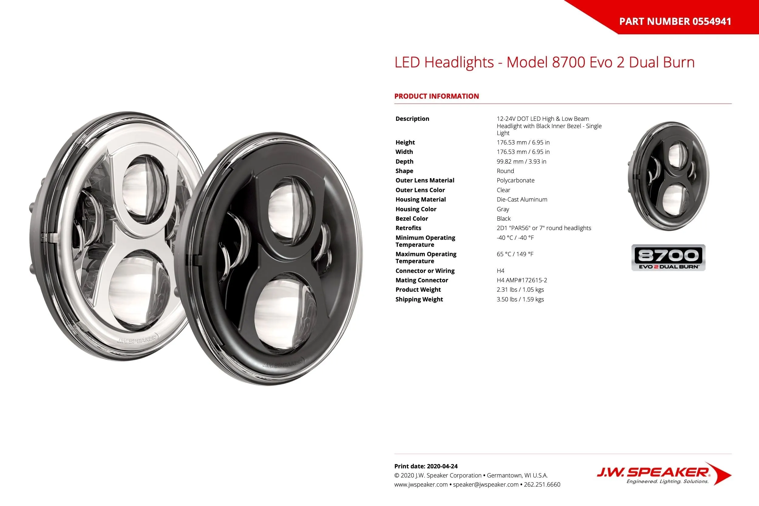 JW Speaker: 8700-EVO2-DB 12/24V DOT Headlamp (Chrome)