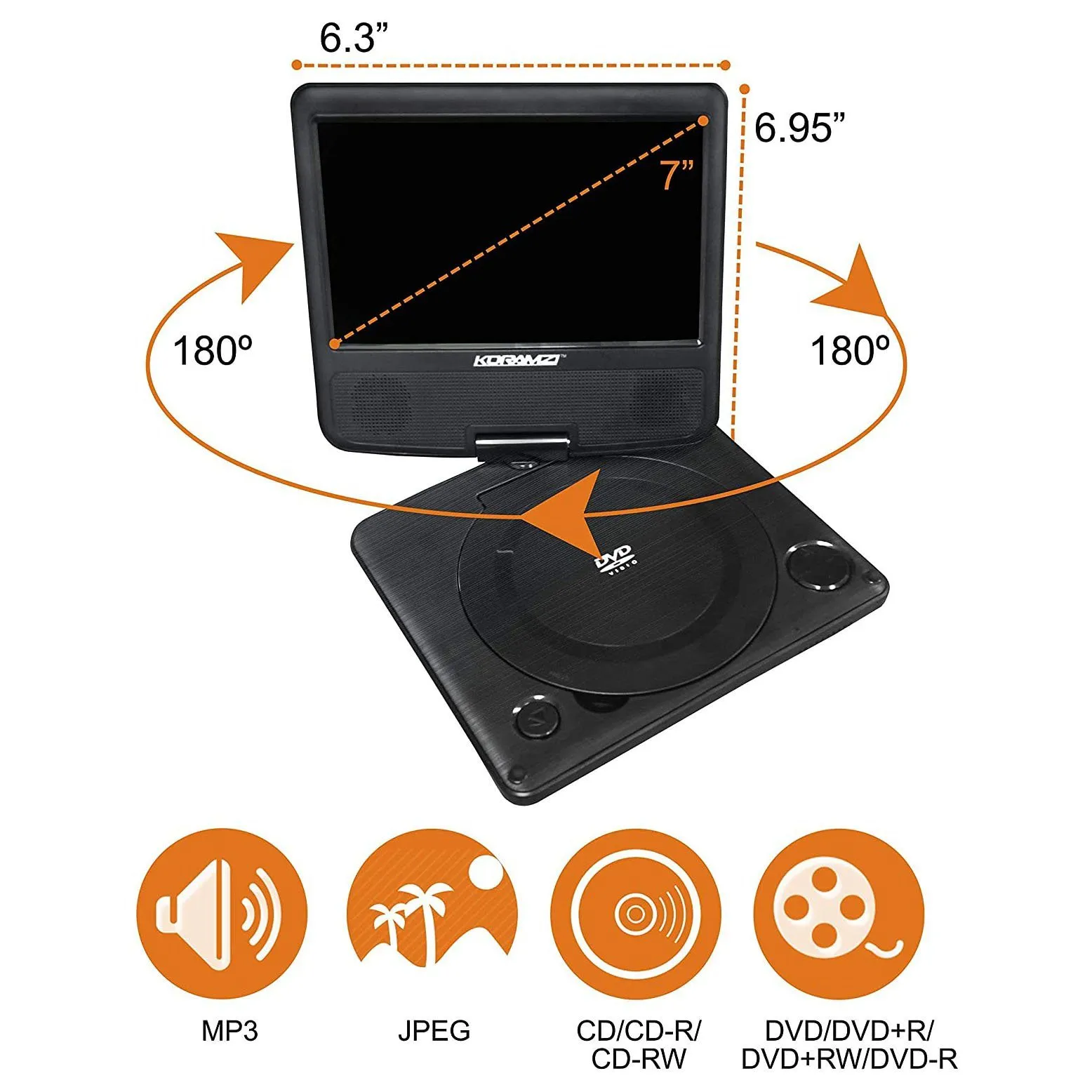 KoramzI 7" Portable Swivel DVD Player