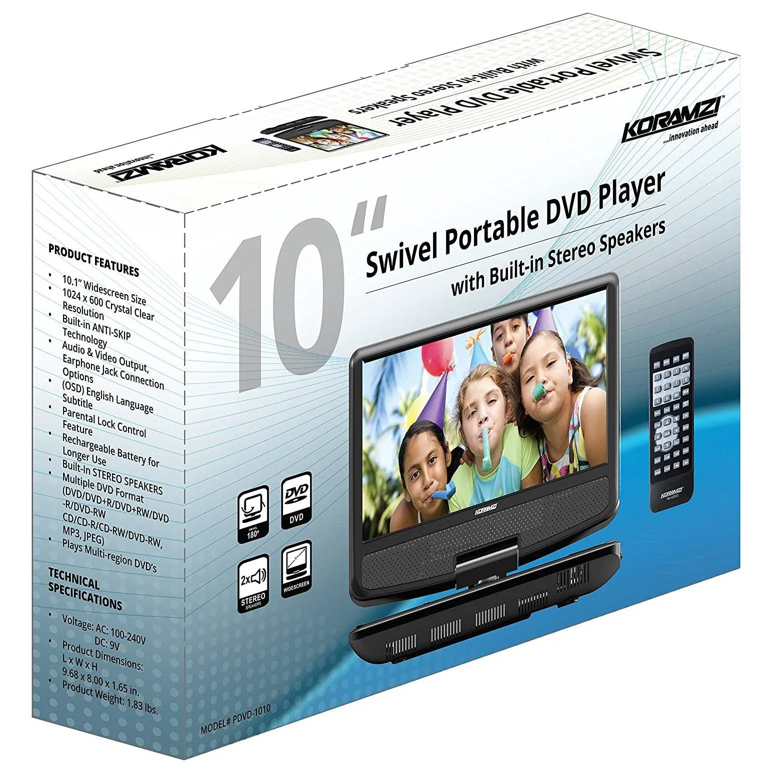 Koramzi Portable Swivel DVD Player with Rechargeable Battery