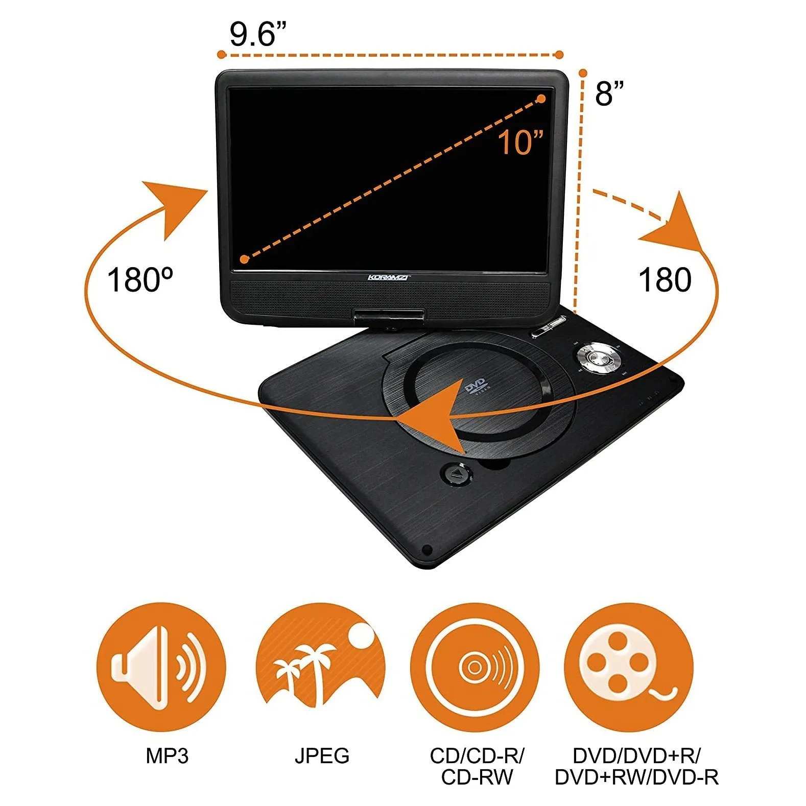 Koramzi Portable Swivel DVD Player with Rechargeable Battery