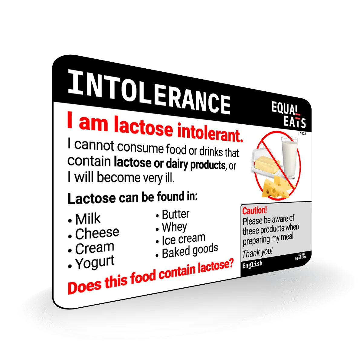 Lactose Intolerance Card in English