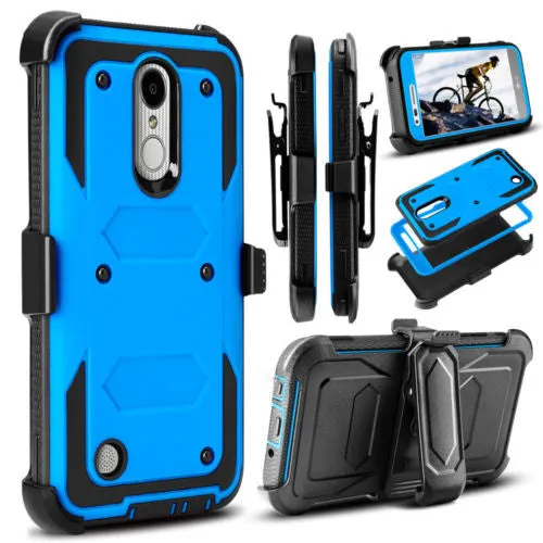 LG Aristo 2 Plus Case, Aristo 2, LG Tribute Dynasty, Rebel 3, Zone 4, Triple Protection 3-1 w/ Built in Screen Protector Heavy Duty Holster Shell Combo Case - Blue