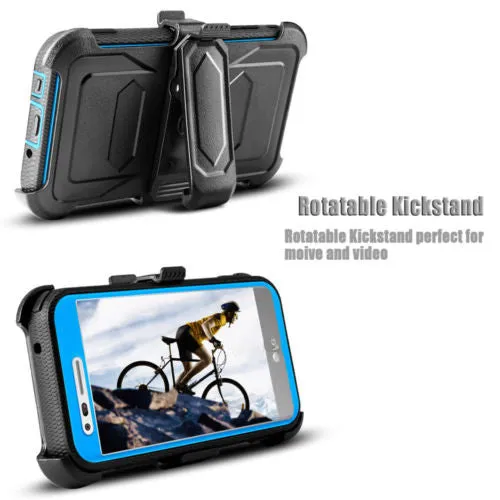 LG Aristo 2 Plus Case, Aristo 2, LG Tribute Dynasty, Rebel 3, Zone 4, Triple Protection 3-1 w/ Built in Screen Protector Heavy Duty Holster Shell Combo Case - Blue