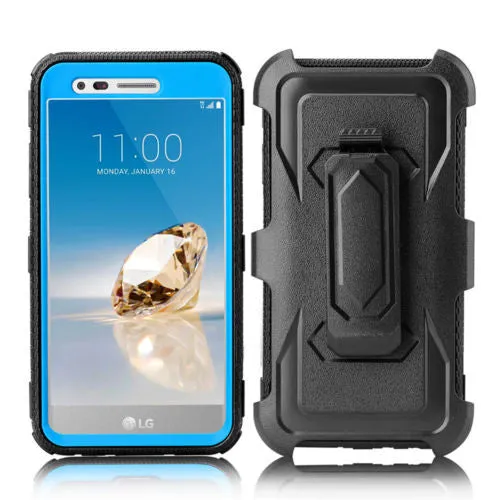 LG Aristo 2 Plus Case, Aristo 2, LG Tribute Dynasty, Rebel 3, Zone 4, Triple Protection 3-1 w/ Built in Screen Protector Heavy Duty Holster Shell Combo Case - Blue
