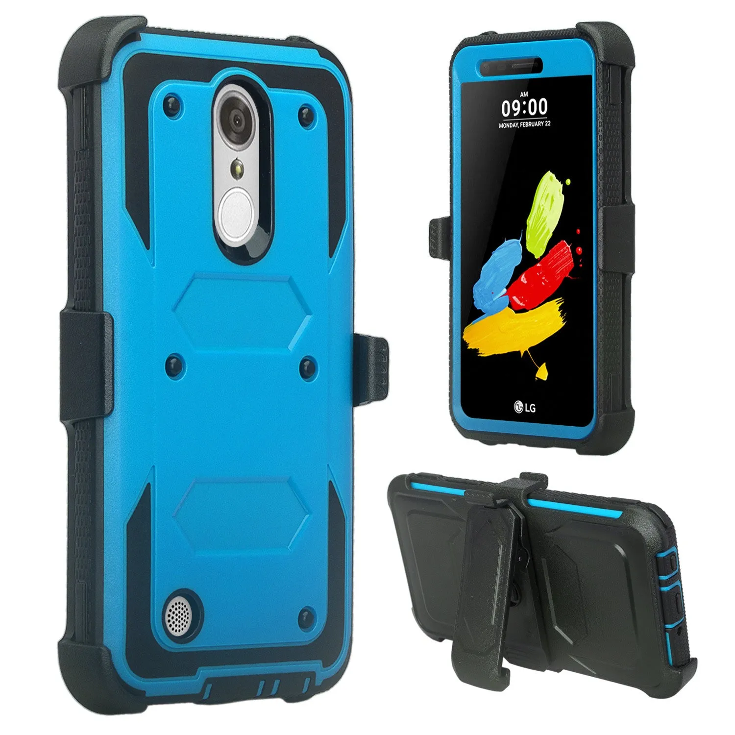LG Aristo 2 Plus Case, Aristo 2, LG Tribute Dynasty, Rebel 3, Zone 4, Triple Protection 3-1 w/ Built in Screen Protector Heavy Duty Holster Shell Combo Case - Blue