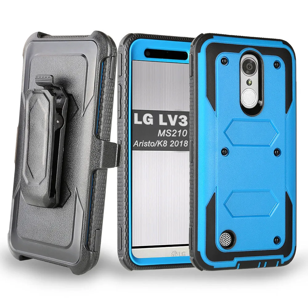 LG Aristo 2 Plus Case, Aristo 2, LG Tribute Dynasty, Rebel 3, Zone 4, Triple Protection 3-1 w/ Built in Screen Protector Heavy Duty Holster Shell Combo Case - Blue