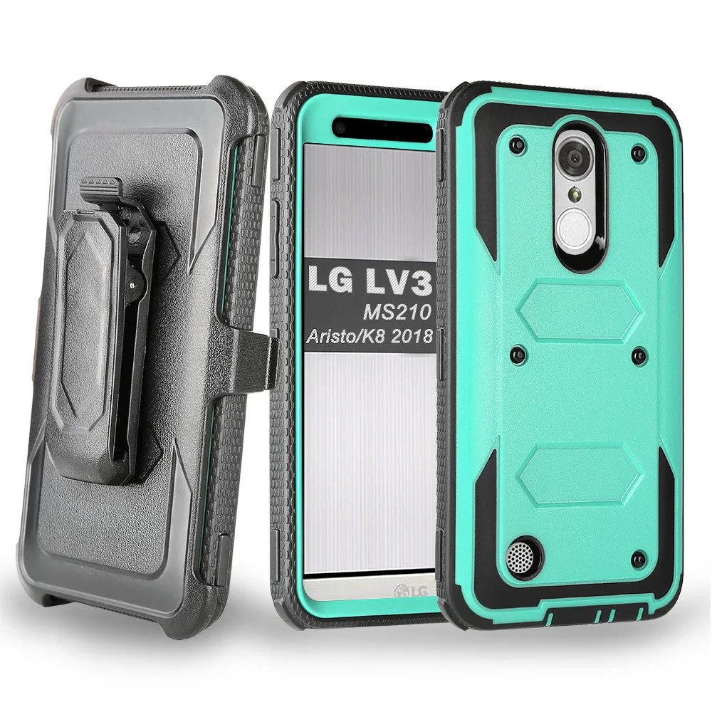 LG Aristo 2 Plus Case, Aristo 2, LG Tribute Dynasty, Rebel 3, Zone 4, Triple Protection 3-1 w/ Built in Screen Protector Heavy Duty Holster Shell Combo Case - Teal