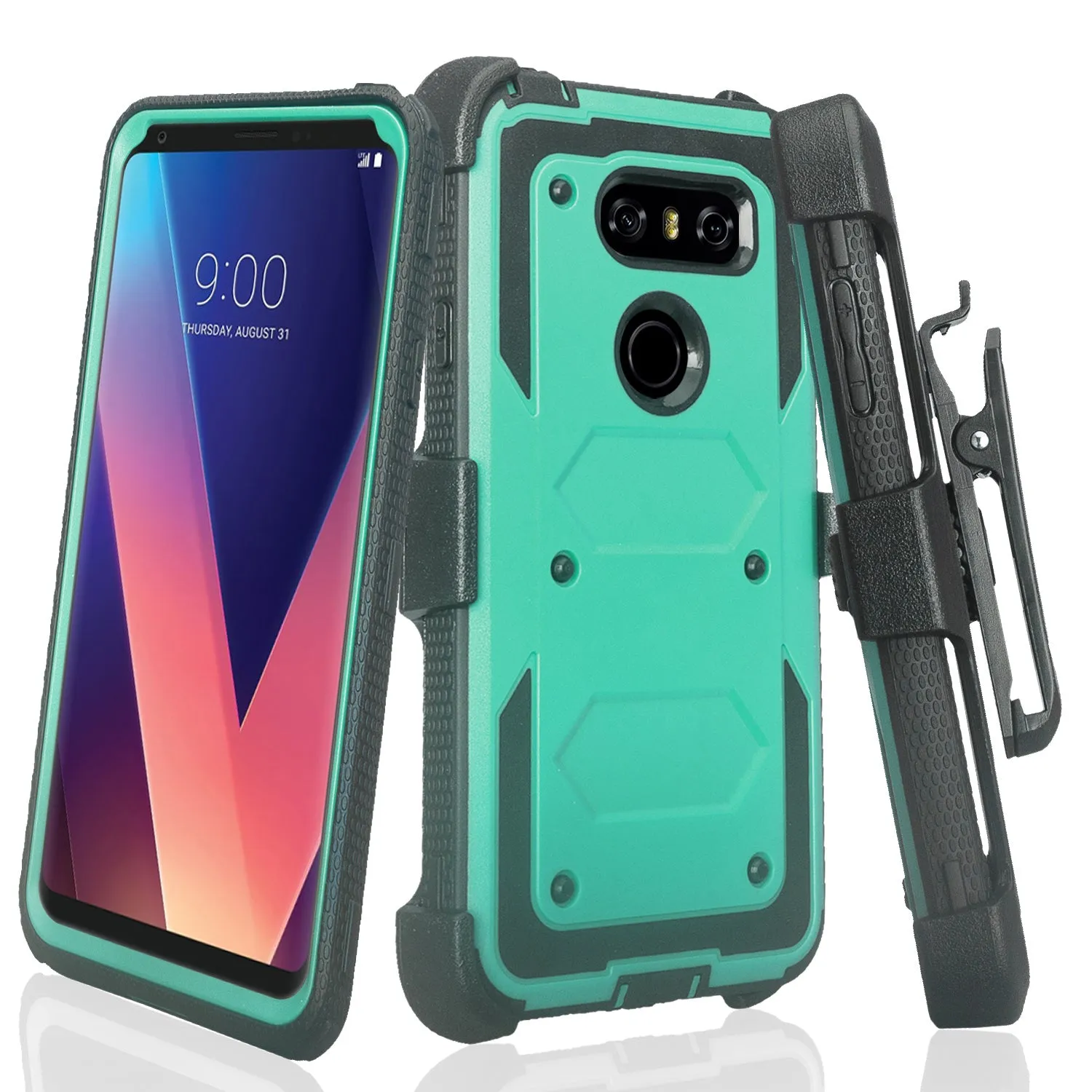 LG V30 Case, V30 Plus, Triple Protection [ Built in Screen Protector ] Heavy Duty Holster Shell Combo Clip Cover - Teal