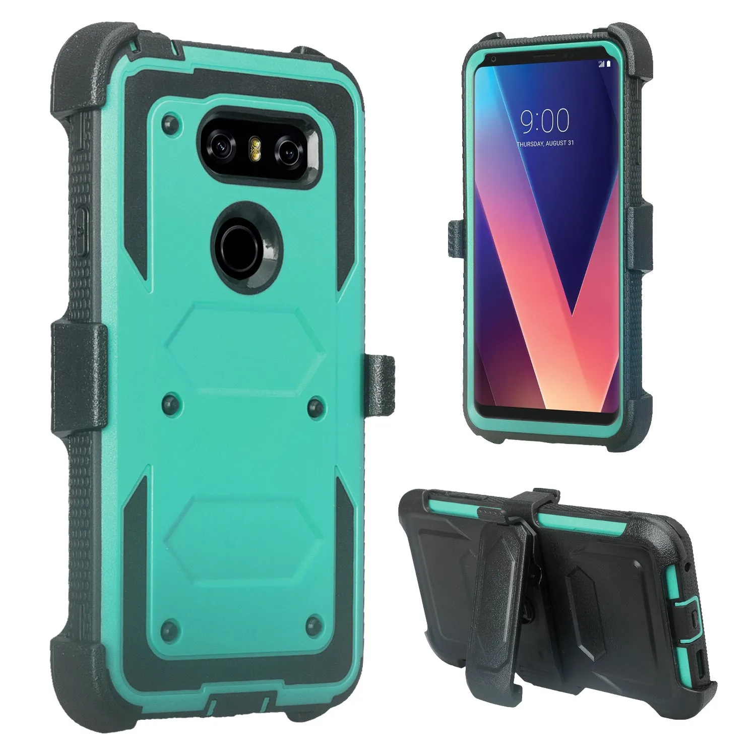 LG V30 Case, V30 Plus, Triple Protection [ Built in Screen Protector ] Heavy Duty Holster Shell Combo Clip Cover - Teal