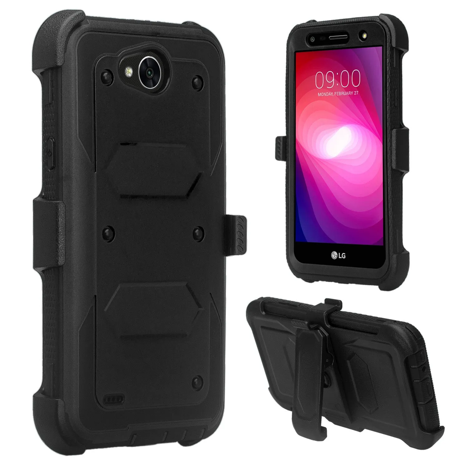 LG X Power 2 Case, LG X Charge, LG Fiesta 2, Fiesta, LG K10 Power, Triple Protection 3-1 w/ Built in Screen Protector Heavy Duty Holster Shell Combo Clip Case Cover - Black