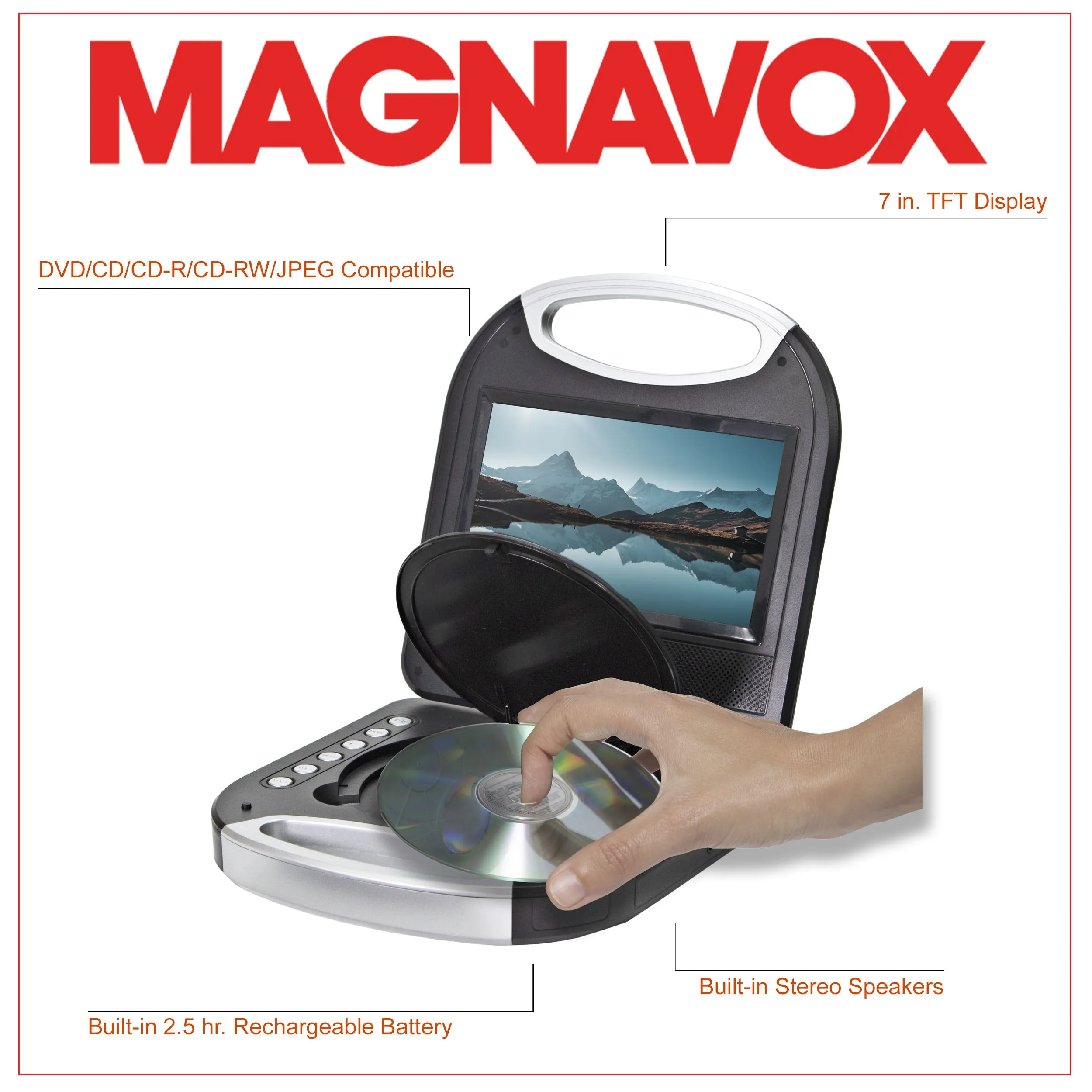 Magnavox MTFT750-BK Portable 7 inch DVD/CD Player with Remote in Black
