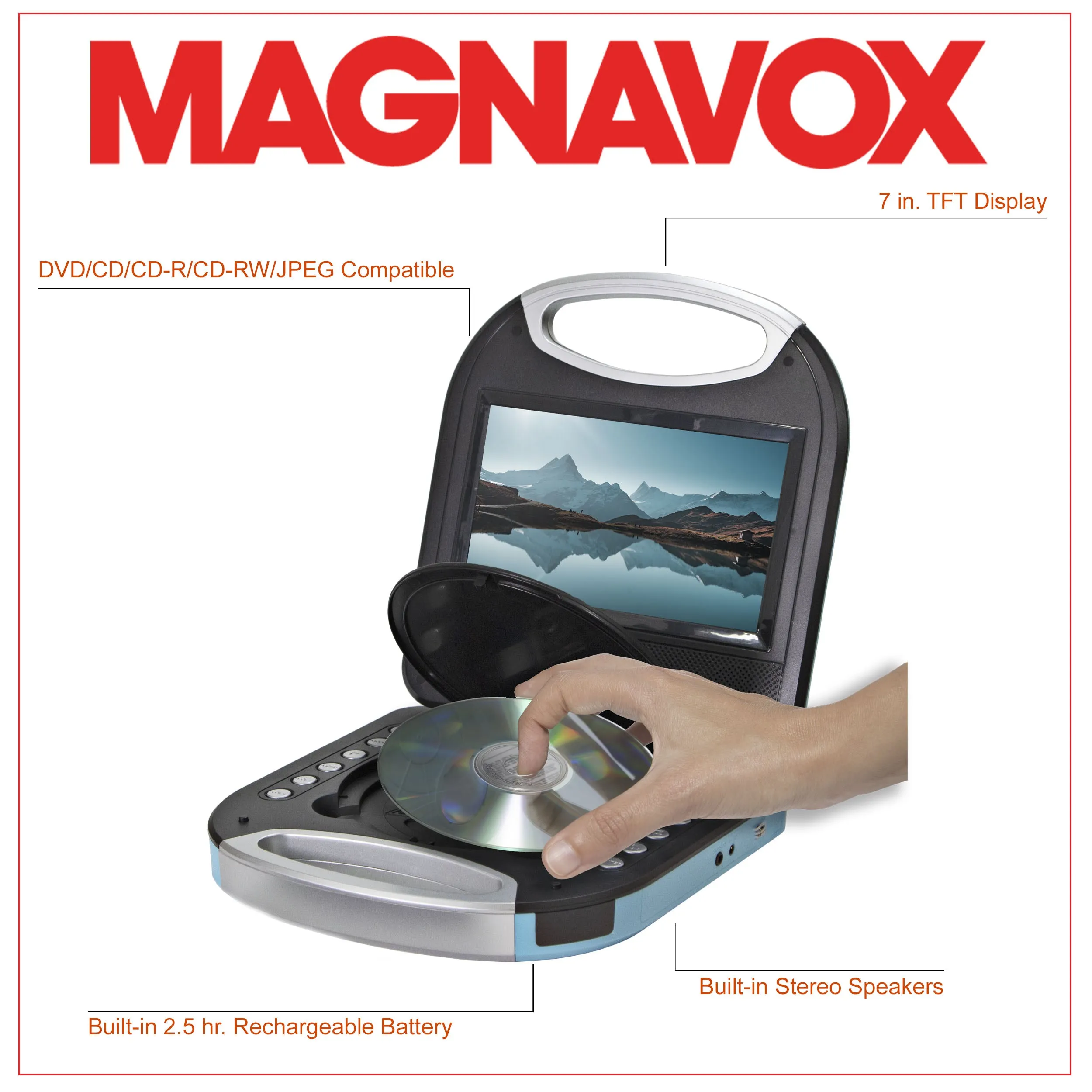 Magnavox MTFT750-BL Portable 7 inch DVD/CD Player with Remote in Blue