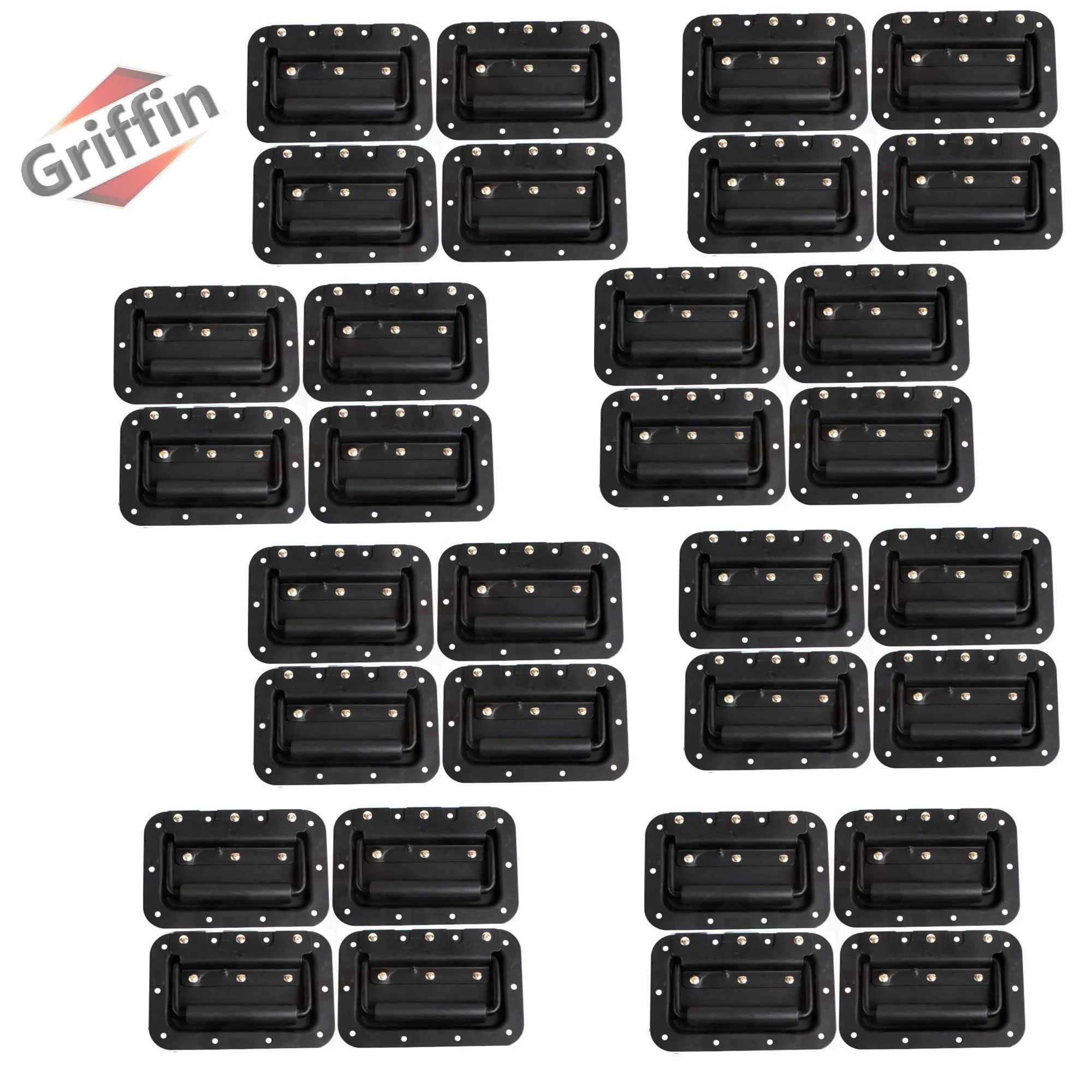 Metal Flip Speaker Cabinet Handles (32-PACK) for Rack Road Flight Trunk by GRIFFIN - Spring-Loaded Flush Pull with Black Grip Rubber Padding - DJ PA Pro-Audio Stage Gear Parts
