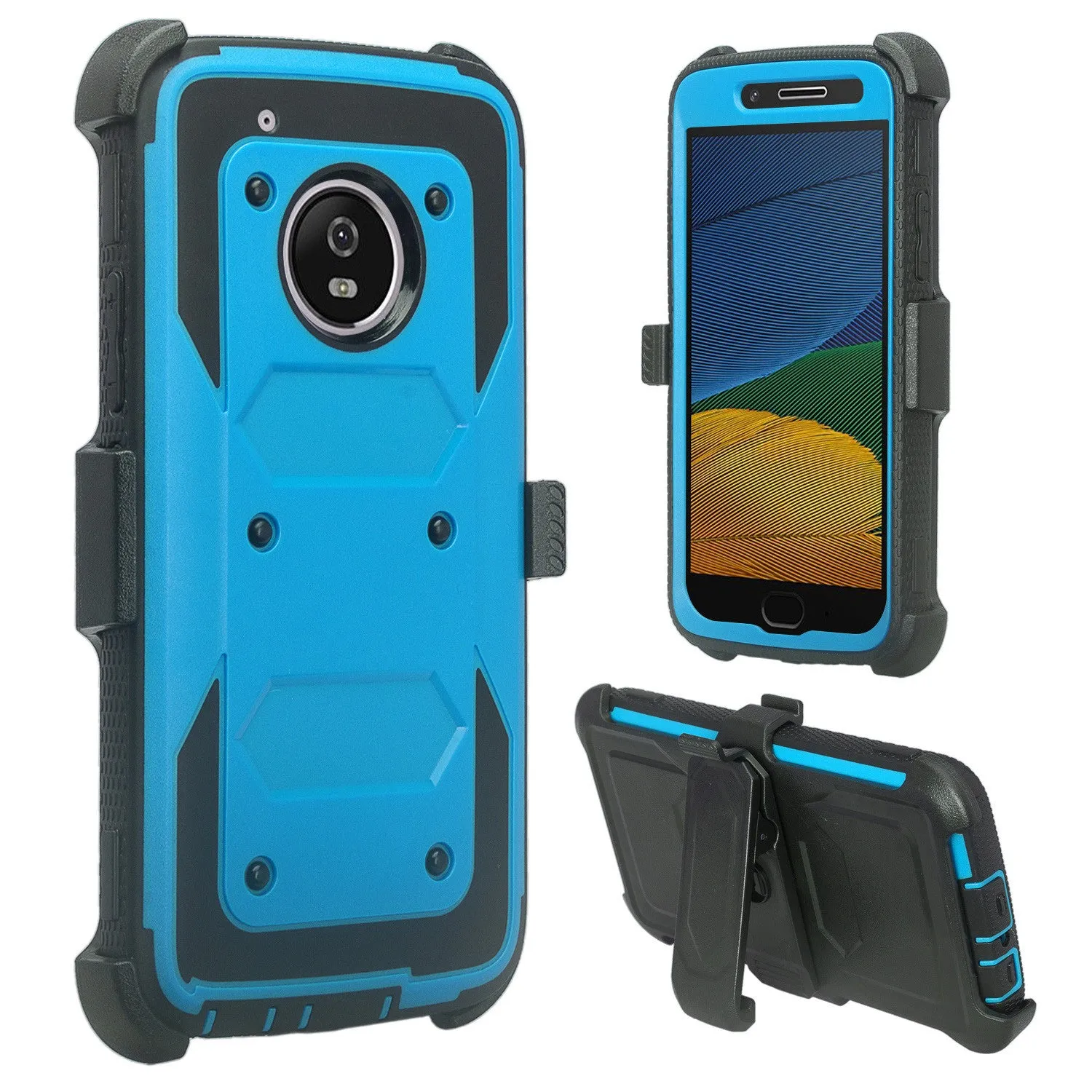 Motorola Moto G5 Plus Case, Triple Protection 3-1 w/ Built in Screen Protector Heavy Duty Holster Shell Combo Case for Moto G5 Plus - Blue
