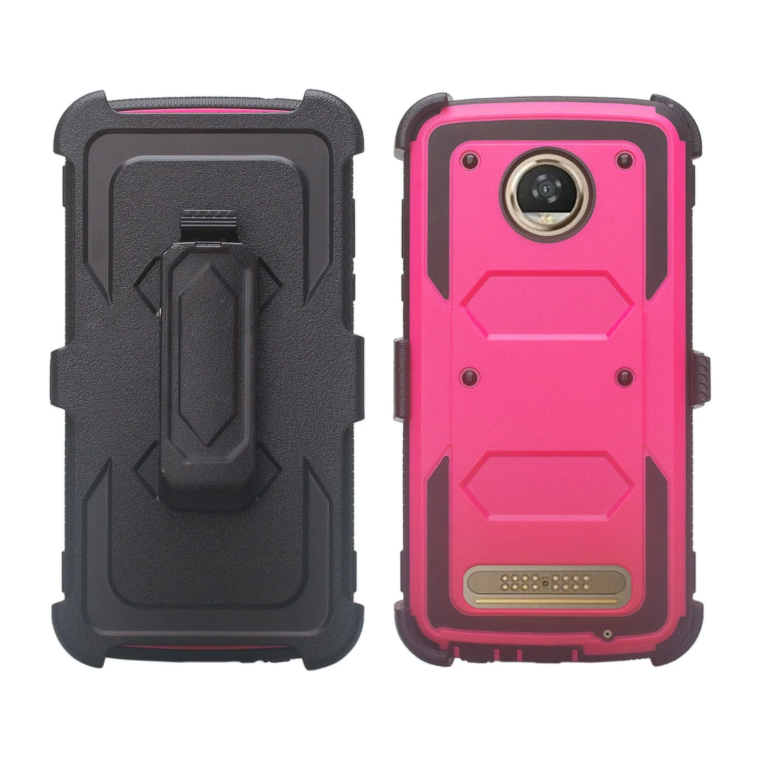 Motorola Moto Z2 Force Case,  Triple Protection 3-1 w/ Built in Screen Protector Heavy Duty Holster Shell Combo Case - Hot Pink