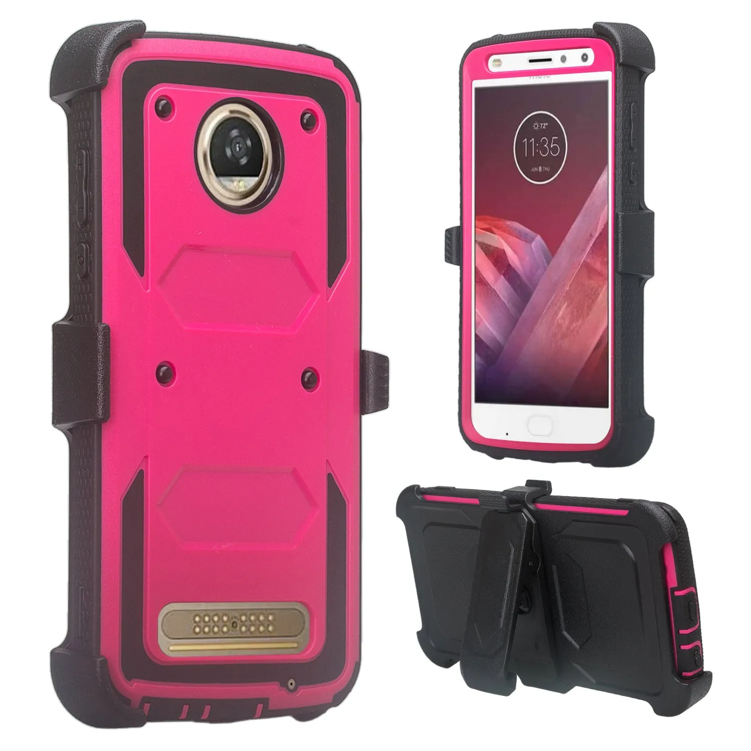 Motorola Moto Z2 Force Case,  Triple Protection 3-1 w/ Built in Screen Protector Heavy Duty Holster Shell Combo Case - Hot Pink