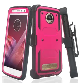 Motorola Moto Z2 Force Case,  Triple Protection 3-1 w/ Built in Screen Protector Heavy Duty Holster Shell Combo Case - Hot Pink