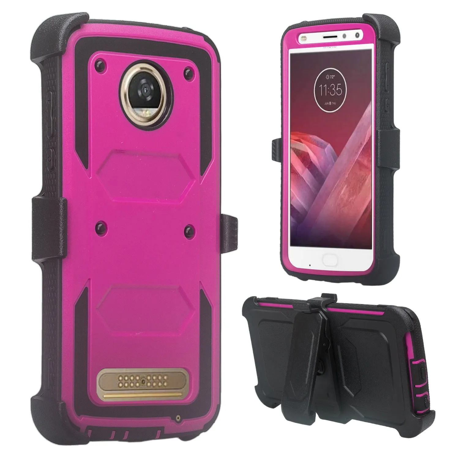 Motorola Moto Z2 Force Case,  Triple Protection 3-1 w/ Built in Screen Protector Heavy Duty Holster Shell Combo Case - Purple