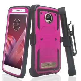 Motorola Moto Z2 Force Case,  Triple Protection 3-1 w/ Built in Screen Protector Heavy Duty Holster Shell Combo Case - Purple