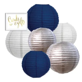 Navy Blue, Silver, White Hanging Paper Lanterns Decorative Kit