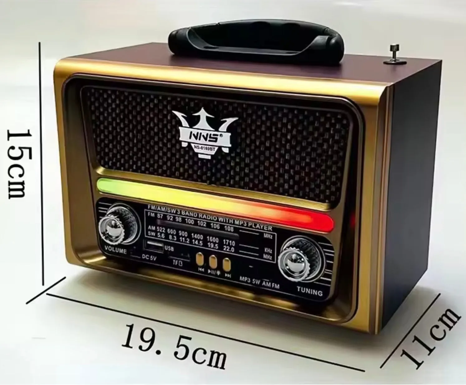 NS8189BT Portable Vintage Retro Wooden Extra Antenna Led Am Fm Radio With USB TF Music Player