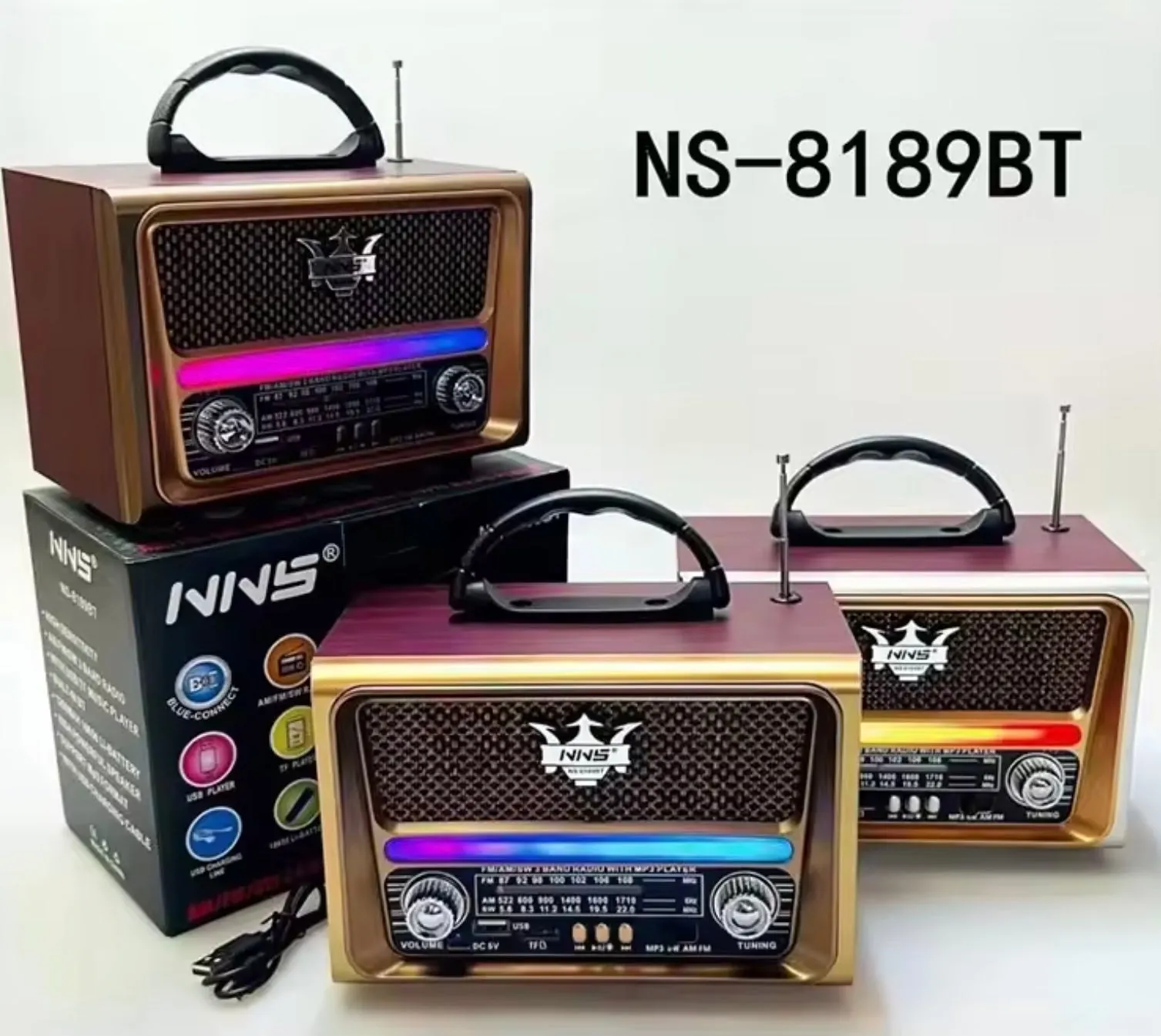 NS8189BT Portable Vintage Retro Wooden Extra Antenna Led Am Fm Radio With USB TF Music Player